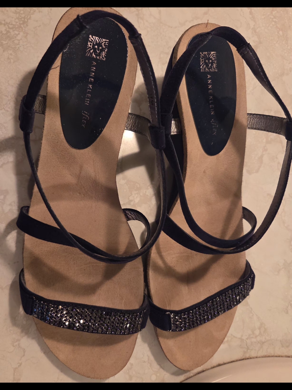 Anne Klein Black Crystal-Strap Slingback Sandals
